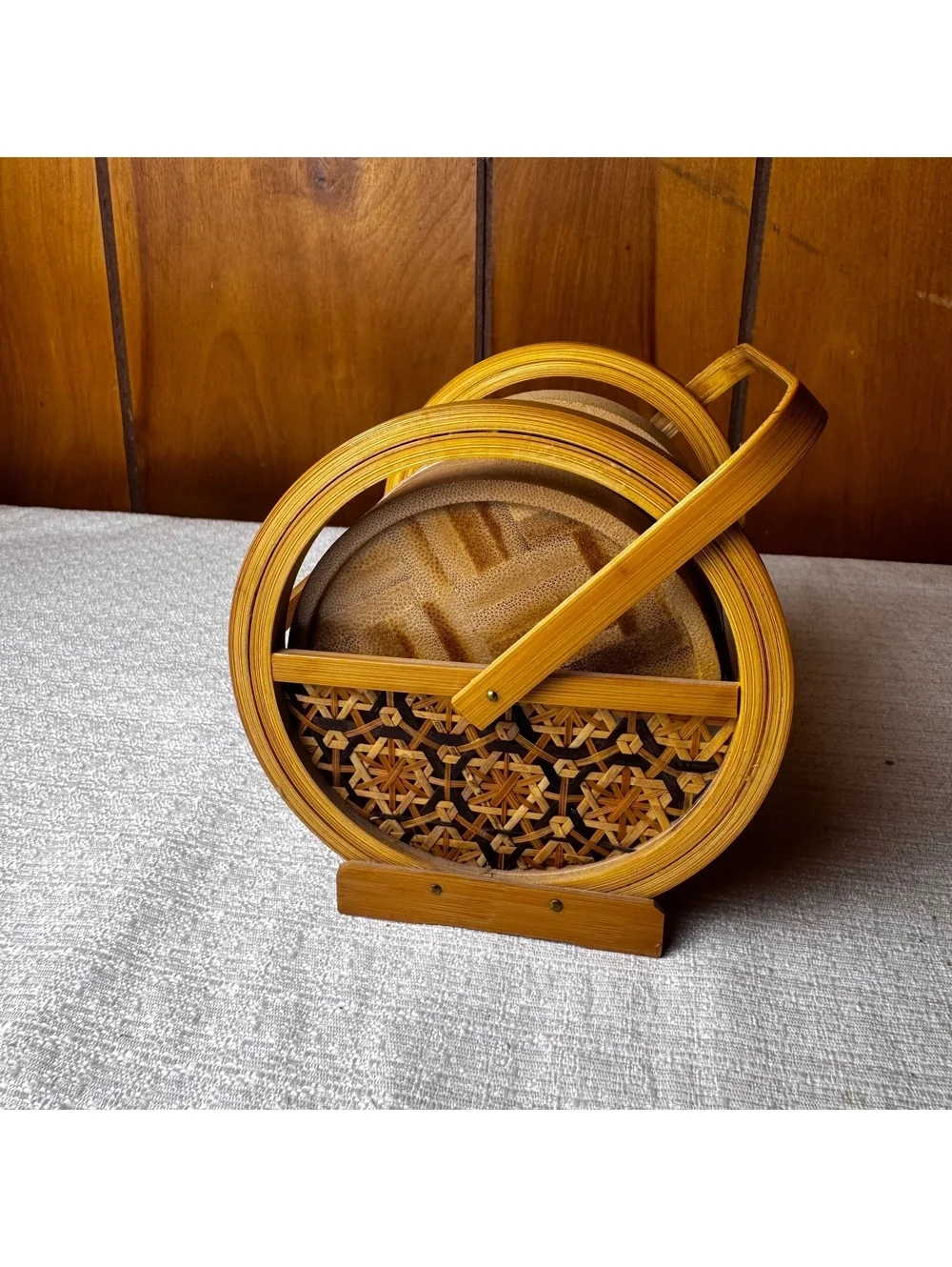 Vintage Bamboo Coaster Set of 6 With Handled Holder Asian Bamboo Design